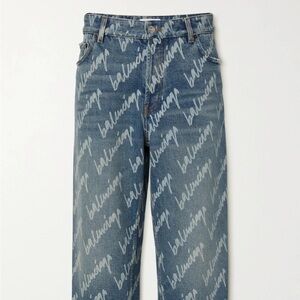 Balenciaga Women's Light Blue Script-Print Straight-Leg Jeans